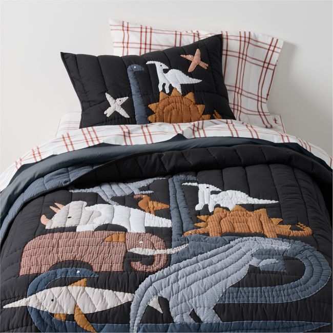 Dino Tower Embroidered Organic Cotton Kids Twin Quilt - Image 0