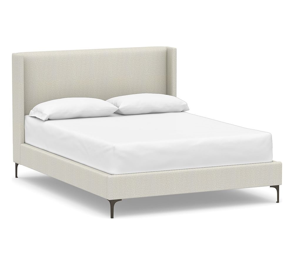 Jake Upholstered Bed, Tall Headboard 47"h with Bronze Legs, Full, Performance Heathered Basketweave Dove - Image 0