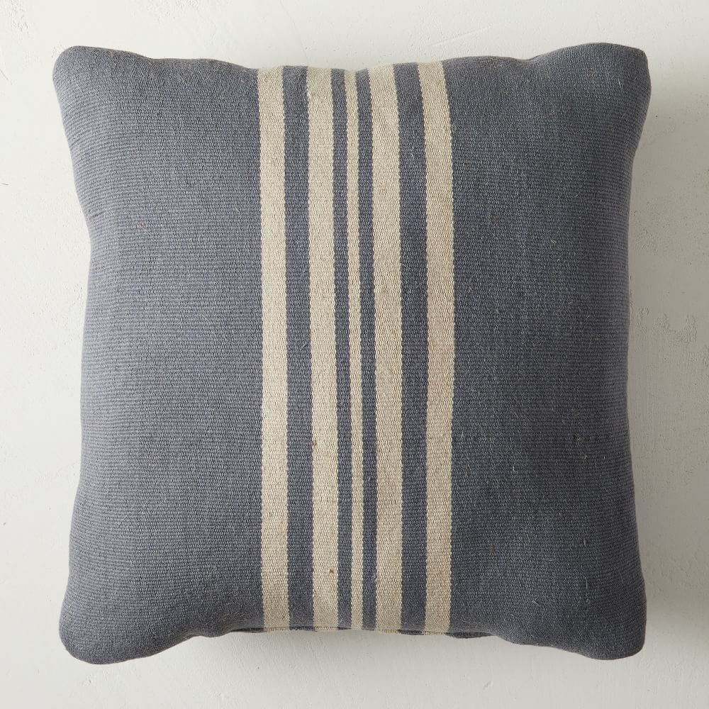 Outdoor Natural Center Stripe Pillow, 18"x18", Indigo - Image 0