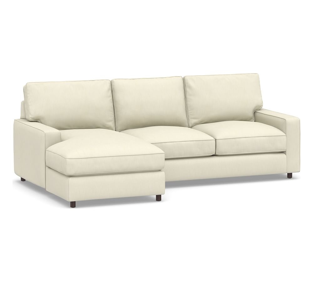 PB Comfort Square Arm Upholstered Right Arm Loveseat with Chaise Sectional, Box Edge, Down Blend Wrapped Cushions, Premium Performance Basketweave Ivory - Image 0