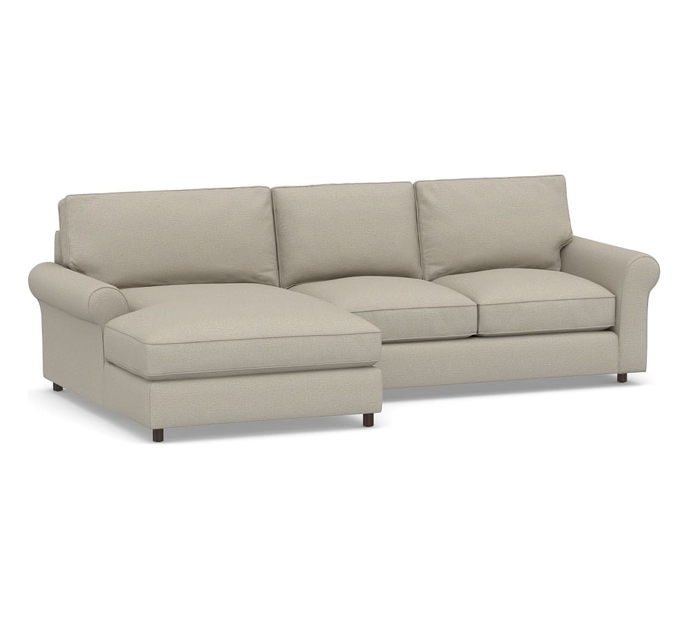 PB Comfort Roll Arm Upholstered Right Arm Loveseat with Double Chaise Sectional, Box Edge Down Blend Wrapped Cushions, Performance Boucle Fog - Image 0