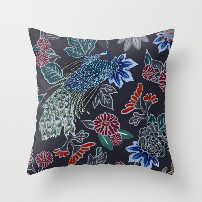 Peacock Floral In Midnight Throw Pillow by House Of Haha - Cover (24" x 24") With Pillow Insert - Indoor Pillow - Image 0