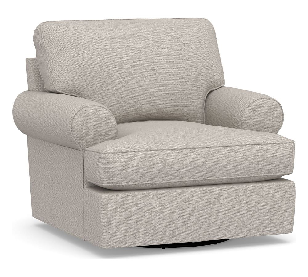 Buchanan Roll Arm Upholstered Swivel Armchair, Polyester Wrapped Cushions, Chunky Basketweave Stone - Image 0