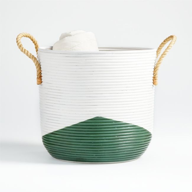 Green and White Coiled Rattan Basket - Image 0