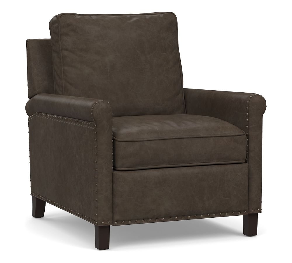 Tyler Roll Arm Leather Recliner with Nailheads, Down Blend Wrapped Cushions, Statesville Wolf Gray - Image 0