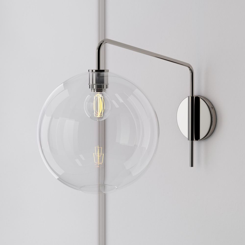 Sculptural Adjustable Sconce, Portable Convertible, Globe Large, Clear, Polished Nickel, 13" - Image 0