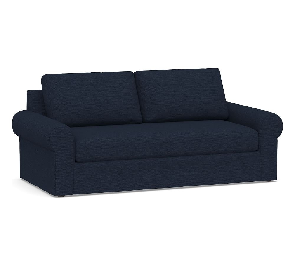 Big Sur Roll Arm Slipcovered Sofa 84" with Bench Cushion, Down Blend Wrapped Cushions, Performance Heathered Basketweave Navy - Image 0