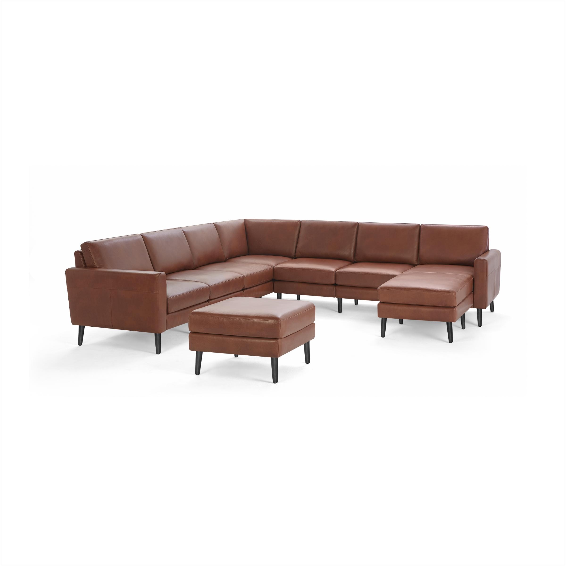 Nomad Leather 7-Seat Corner Sectional with Reversible Chaise and Ottoman - Chestnut - Top Grain Leather / Ebony - Wood / Block - Image 0