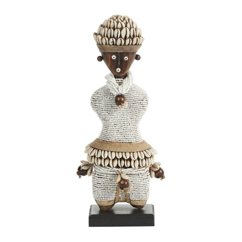 African Treasures Small Hand-Crafted Pine Wood, Cowrie Shells, White Beads & Kente Cloth African Woman Namji Doll Figurine - Image 0