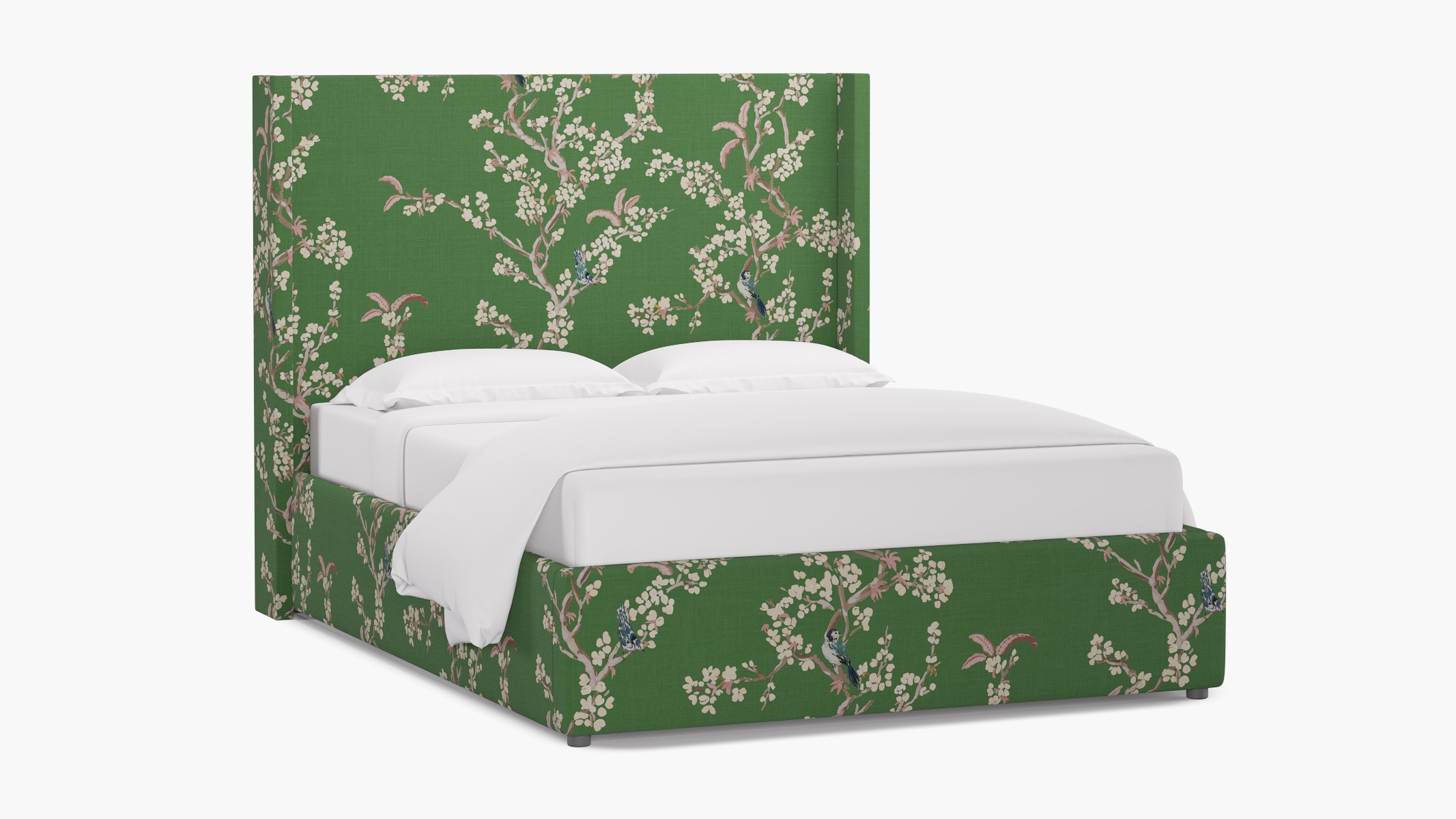 Modern Wingback Bed, Jade Cherry Blossom, Queen - Image 1