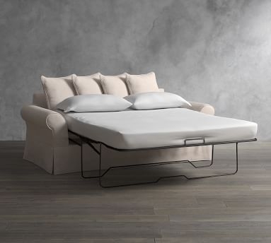 PB Comfort Roll Arm Slipcovered Sleeper Sofa 2x2, Box Edge Memory Foam Cushions, Chenille Basketweave Charcoal - Image 2