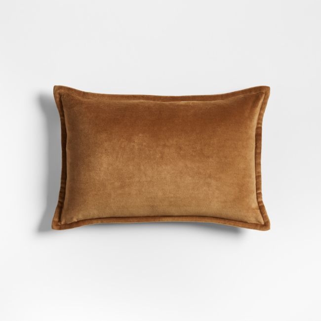Organic Washed Cotton Velvet 18"x12" Cognac Brown Throw Pillow Cover - Image 0
