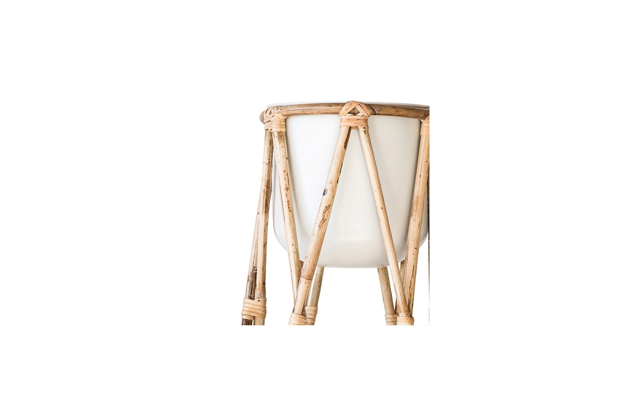 Metal Planter with Raised Bamboo Stand, Off-White - Image 2