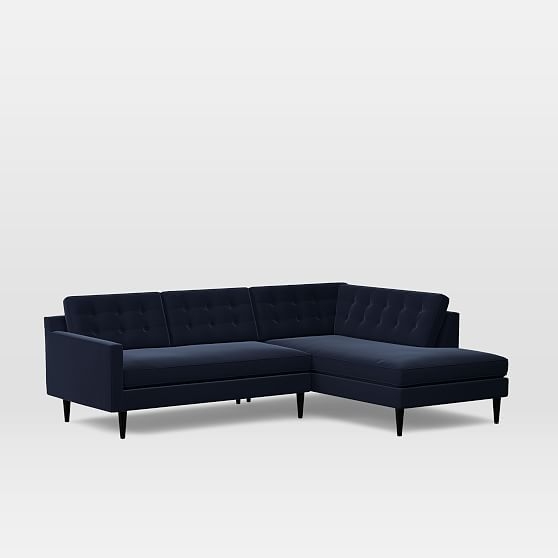 Drake Midcentury Sectional Set 01: Left Arm Sofa, Right Arm Terminal Chaise, Poly, Distressed Velvet, Ink Blue, Chocolate - Image 0