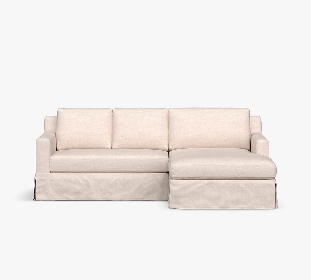 York Square Arm Slipcovered Right Arm Loveseat 94" with Double Wide Chaise Sectional, Bench Cushion, Down Blend Wrapped Cushions, Performance Heathered Basketweave Alabaster White - Image 0