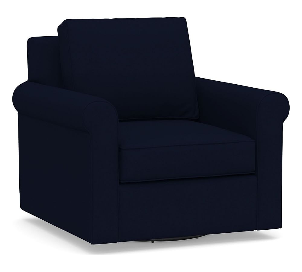 Cameron Roll Arm Upholstered Swivel Armchair, Polyester Wrapped Cushions, Performance Everydaylinen(TM) Navy - Image 0