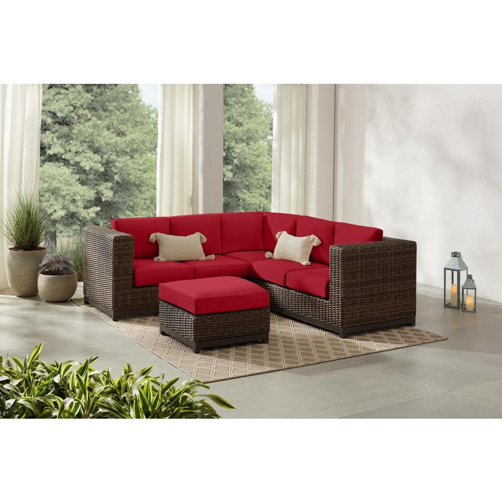 Hampton Bay Fernlake 4-Piece Taupe Wicker Outdoor Patio Sectional Sofa with CushionGuard Chili Red Cushions - Image 0