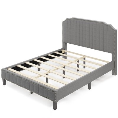 Twin Size Modern Linen Curved Upholstered Platform Bed , Solid Wood Frame , Nailhead Trim - Image 0