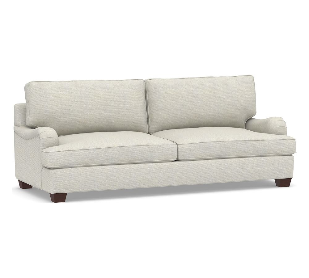 PB English Upholstered Grand Sofa, Down Blend Wrapped Cushions, Performance Heathered Basketweave Dove - Image 0
