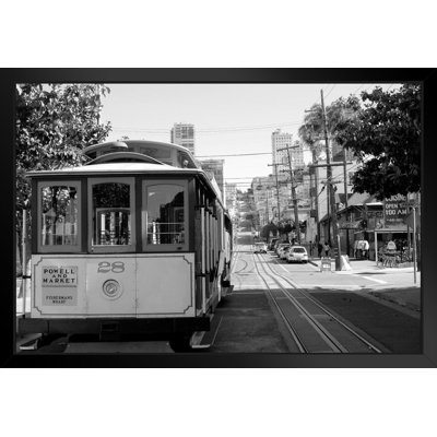 Cable Car In San Francisco California Black And White B&W Photo Black Wood Framed Art Poster 20X14 - Image 0