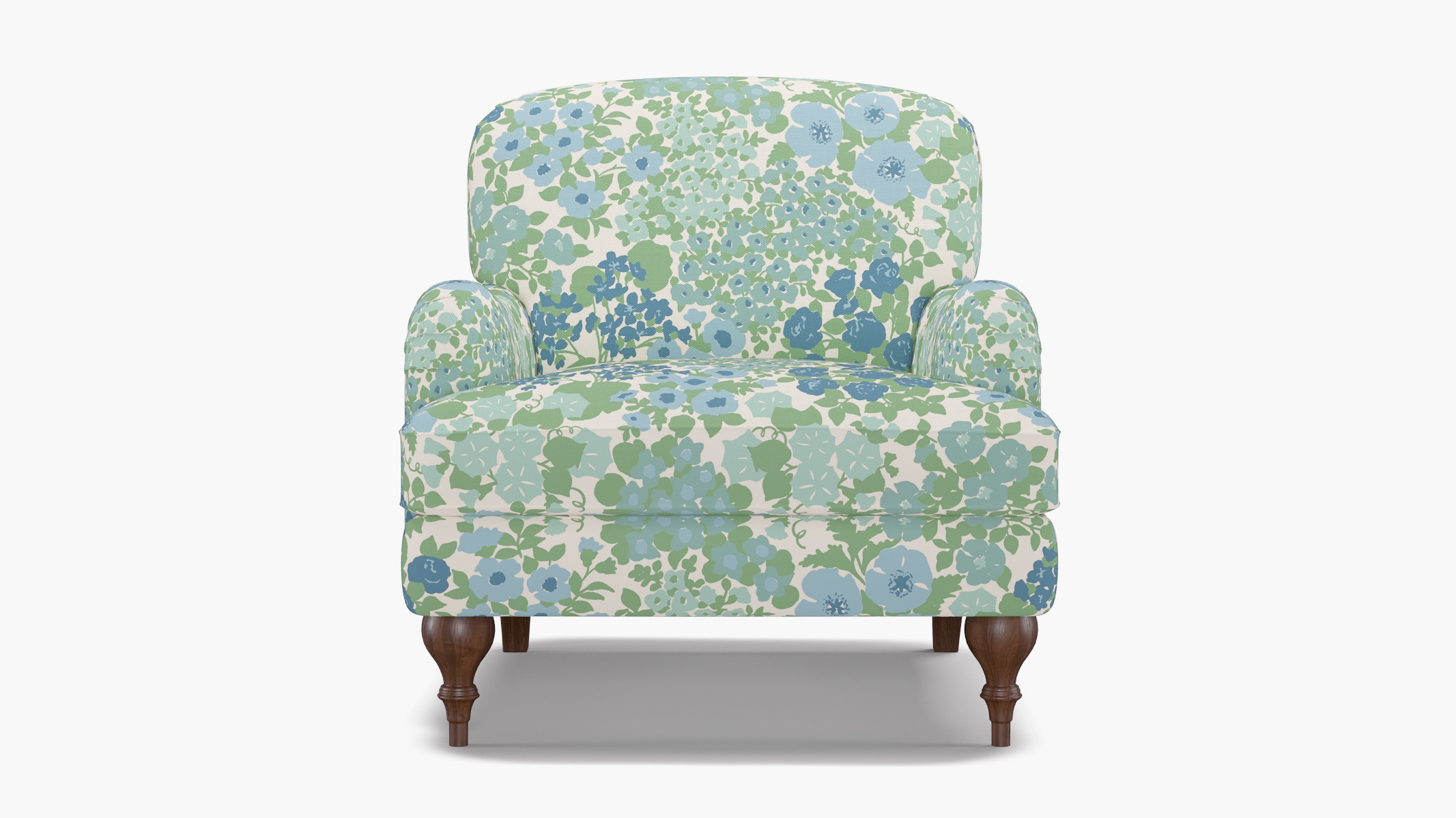 English Roll Arm Chair, Mist Million Flowers, Walnut Turned Wood Leg - Image 0