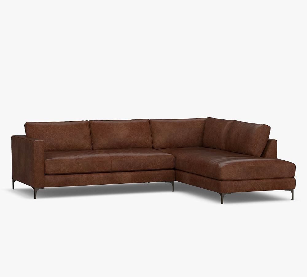 Jake Leather Left Sofa Return Bumper Sectional with Bronze Legs, Down Blend Wrapped Cushions, Burnished Walnut - Image 0