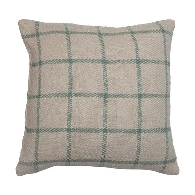 20" Square Woven Cotton Plaid Pillow, Green Plaid On Cream Colored Pillow - Image 0