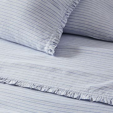 HTH Canyon Stripe Ruffle European Flax Linen Sheet Set, Standard Pillowcase Set, Blue Multi - Image 1