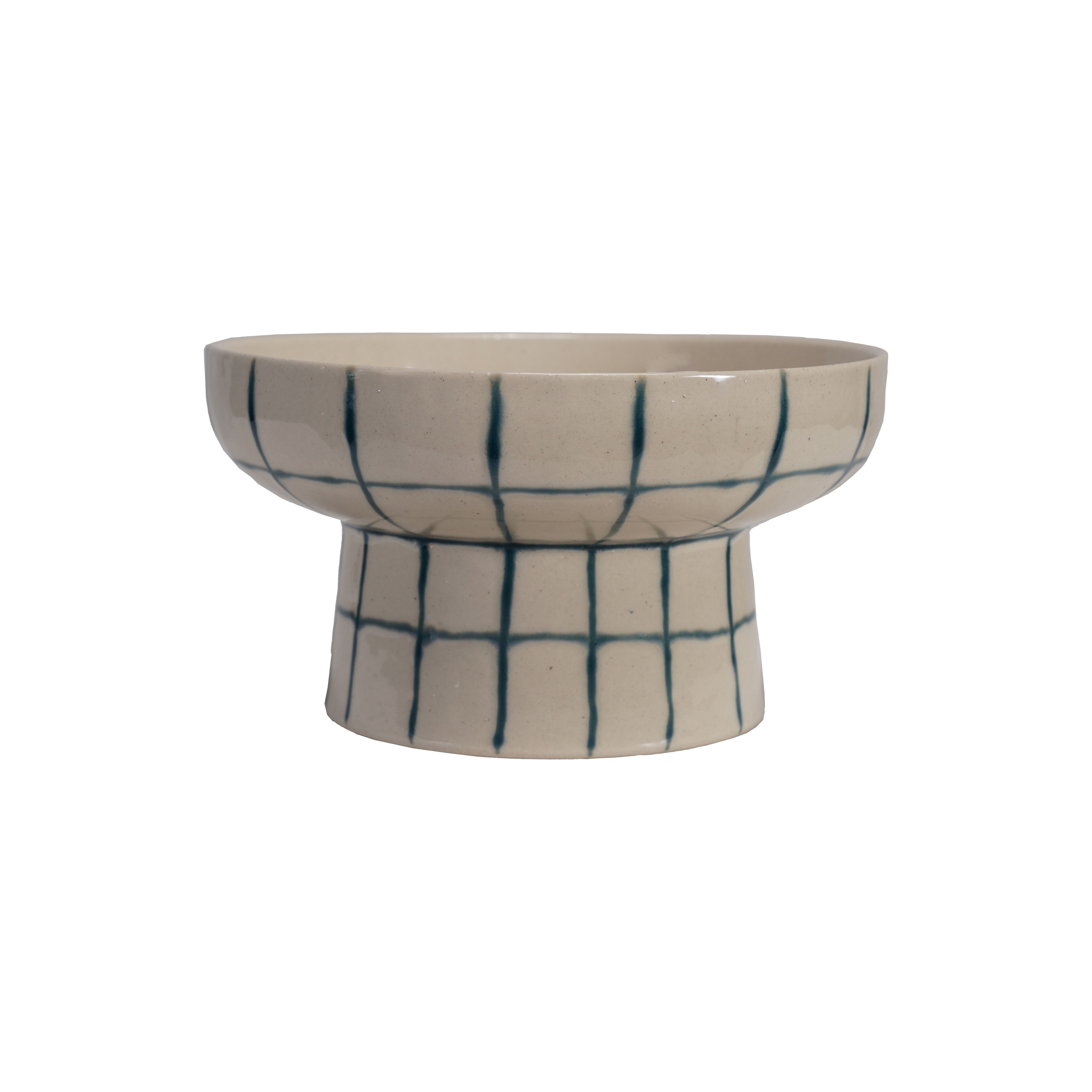 Hand-Painted Speckled Stoneware Pedestal Bowl with Grid Pattern with Crackle Glaze, Blue and Cream Color - Image 0