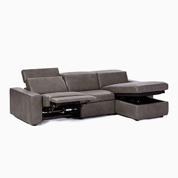 Enzo 108" 3-Piece Reclining Chaise Sectional w/ Storage, Two Basic Arms, Ludlow Leather, Gray Smoke - Image 2