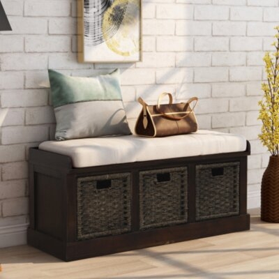 TREXM Rustic Storage Bench With 3 Removable Classic Rattan Basket , Entryway Bench With Removable Cushion (Espresso) - Image 0