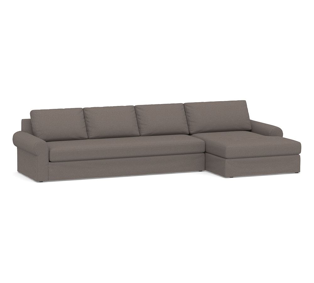 Big Sur Roll Arm Slipcovered Left Arm Grand Sofa with Double Chaise Sectional and Bench Cushion, Down Blend Wrapped Cushions, Performance Brushed Basketweave Charcoal - Image 0