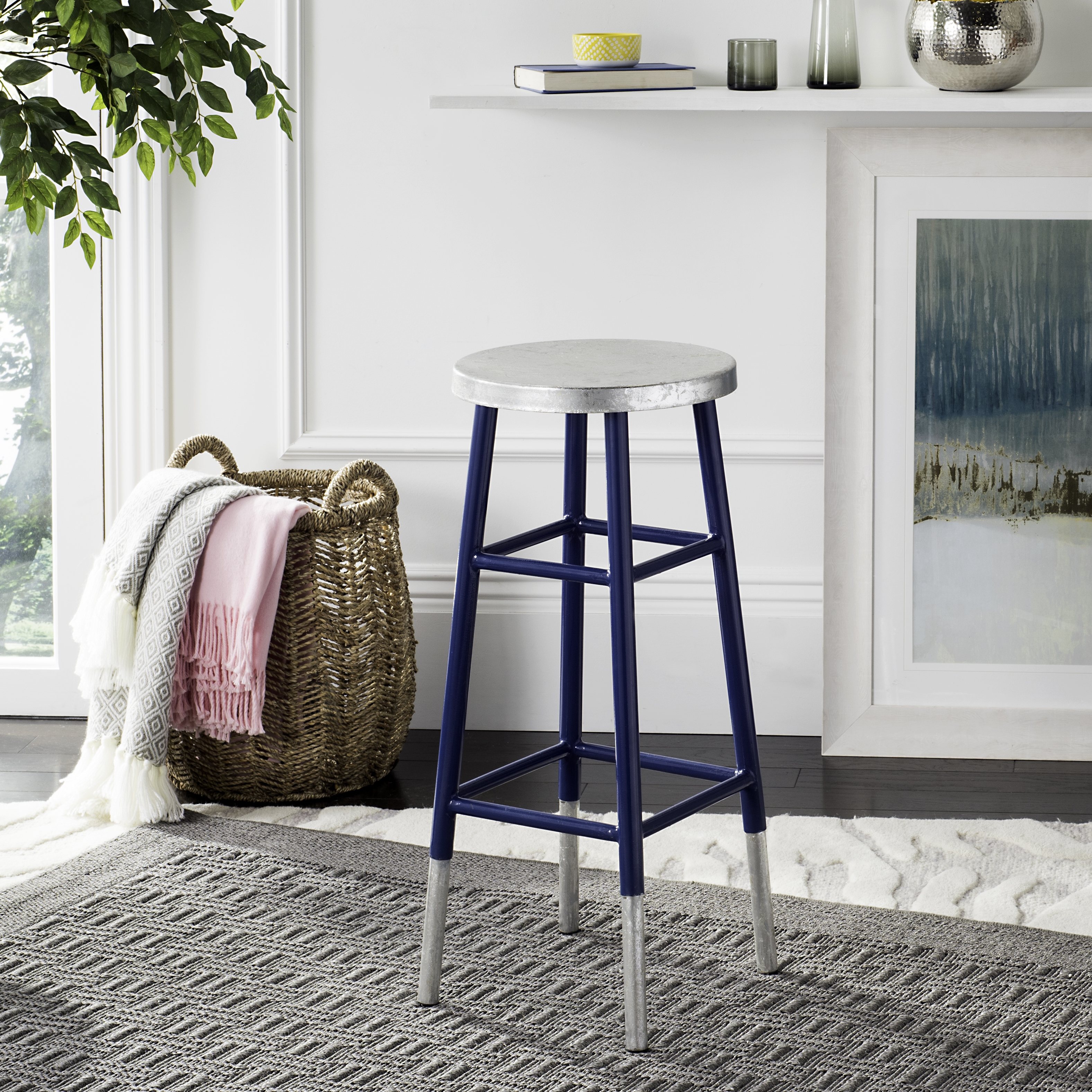 Kenzie Bar Stool - Navy/Silver - Safavieh - Image 0