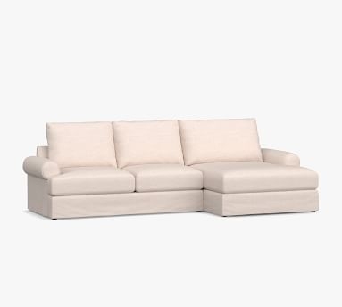 Canyon Roll Arm Slipcovered Left Arm Loveseat with Double Chaise Sectional, Down Blend Wrapped Cushions, Brushed Crossweave Light Gray - Image 2