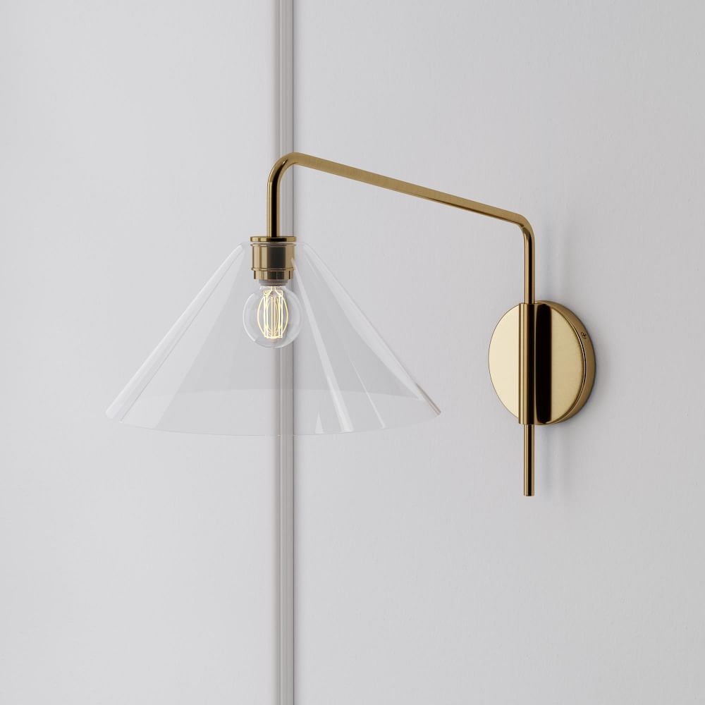 Sculptural Adjustable Sconce, Portable Convertible, Cone Medium, Clear, Antique Brass, 14" - Image 0