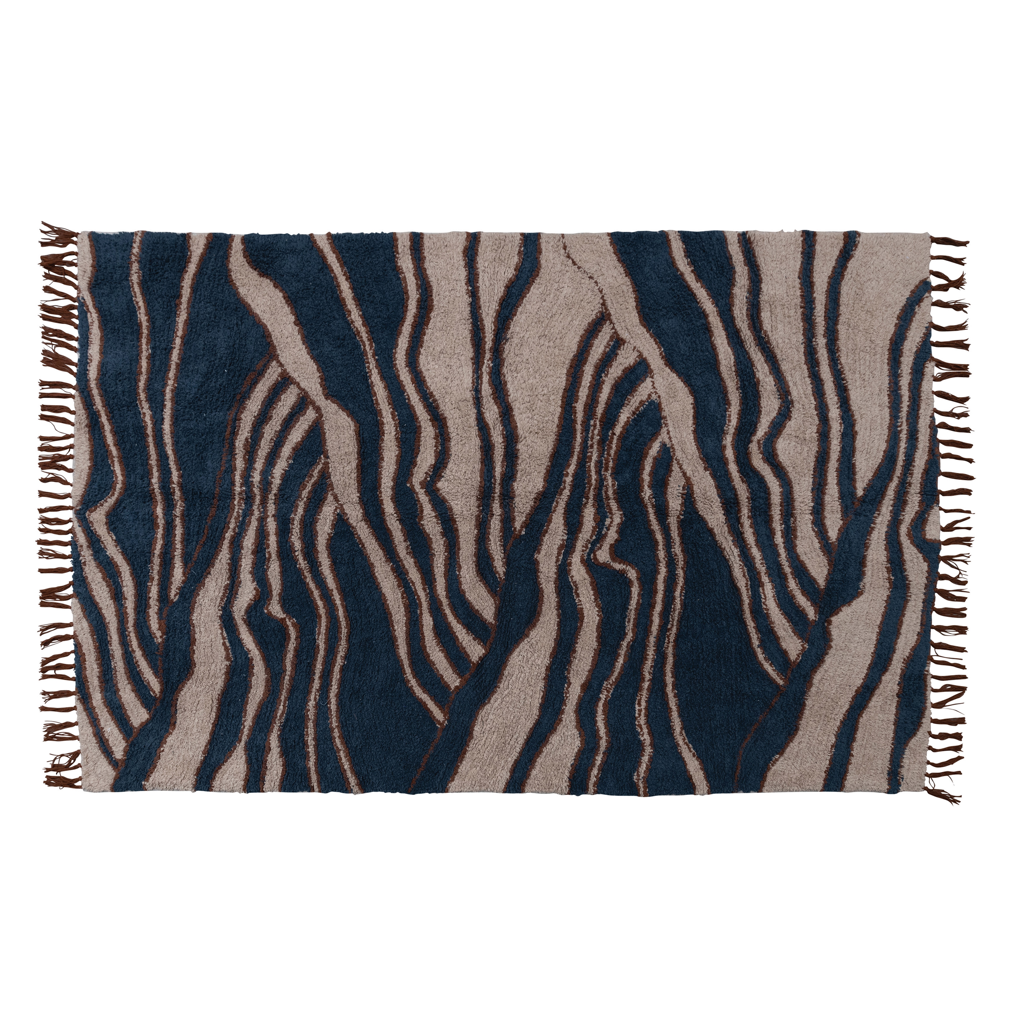  Cotton Tufted Rug with Wave Design and Fringe, Beige and Navy - Image 0