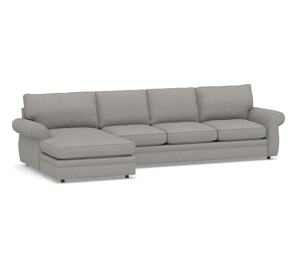 Pearce Roll Arm Upholstered Right Arm Sofa with Double Wide Chaise Sectional, Down Blend Wrapped Cushions, Performance Heathered Basketweave Platinum - Image 0