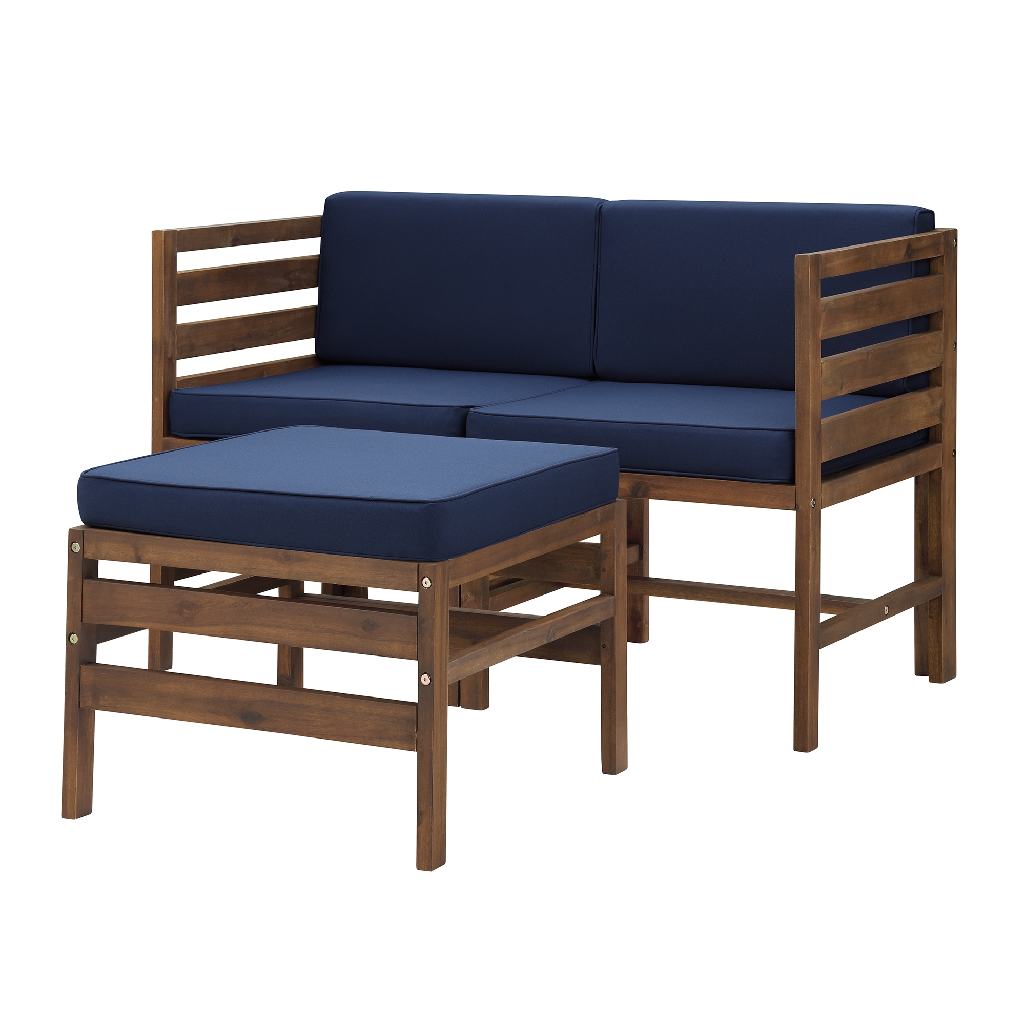 Sanibel Modular Acacia Patio Arm Chairs and Ottoman - Dark Brown/Navy Blue  - Image 2