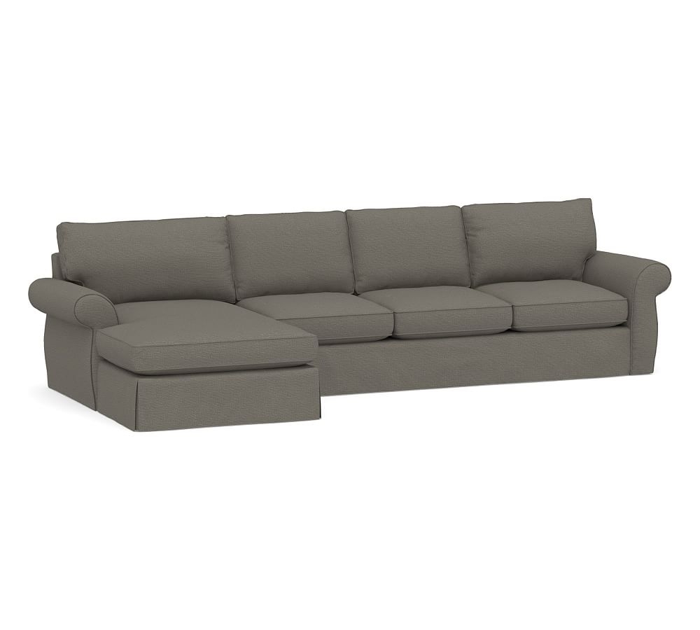 Pearce Roll Arm Slipcovered Right Arm Sofa with Double Wide Chaise Sectional, Down Blend Wrapped Cushions, Chunky Basketweave Metal - Image 0