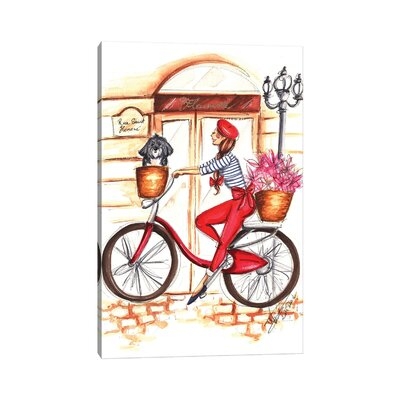Girl On Red Bike by - Wrapped Canvas - Image 0