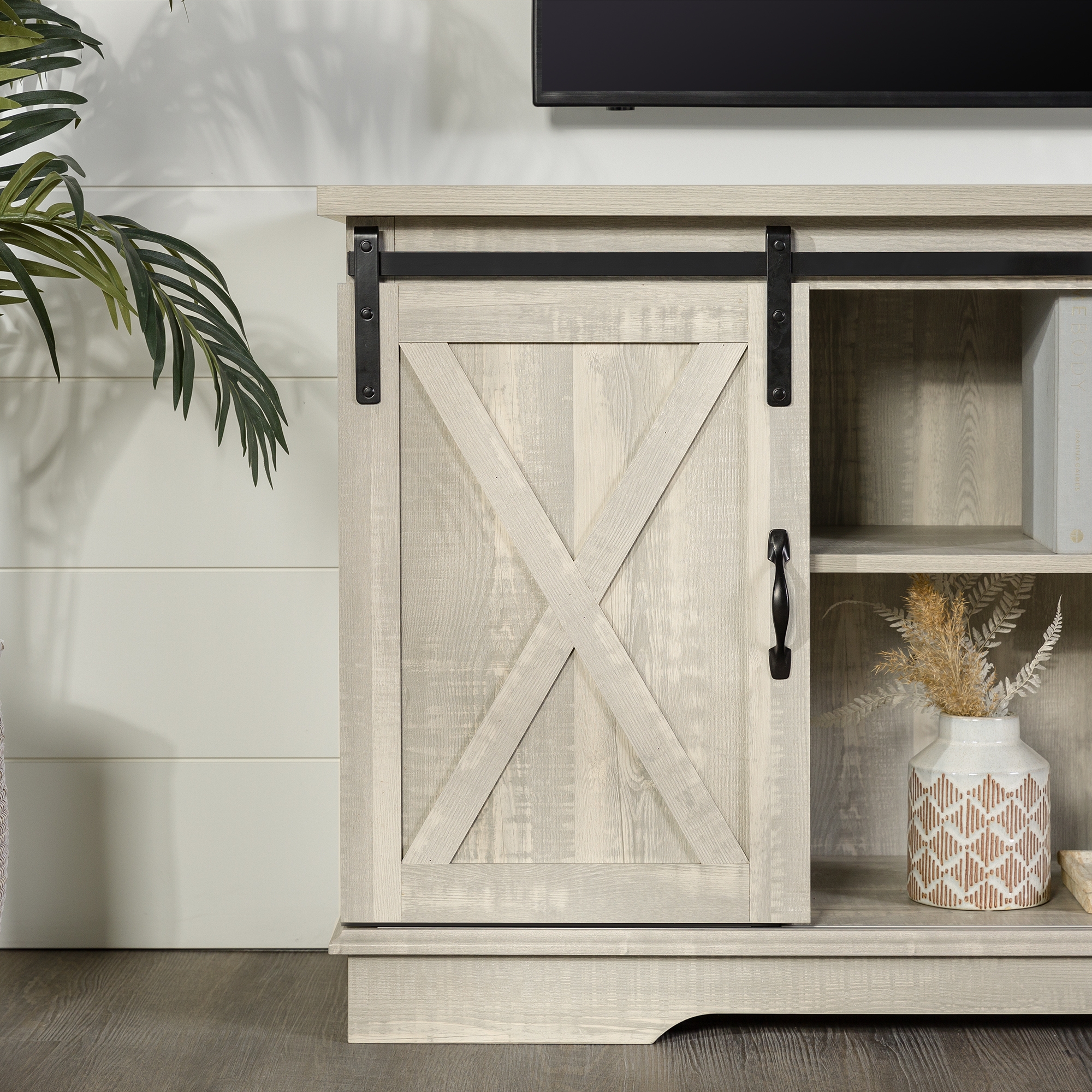 58" Sliding Barn Door Modern Farmhouse Wood TV Stand - Stone Grey  - Image 5