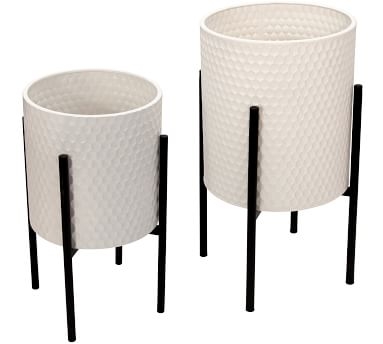 Bella White Patterned Raised Planters with Black Stand, Set of 2 - Image 2