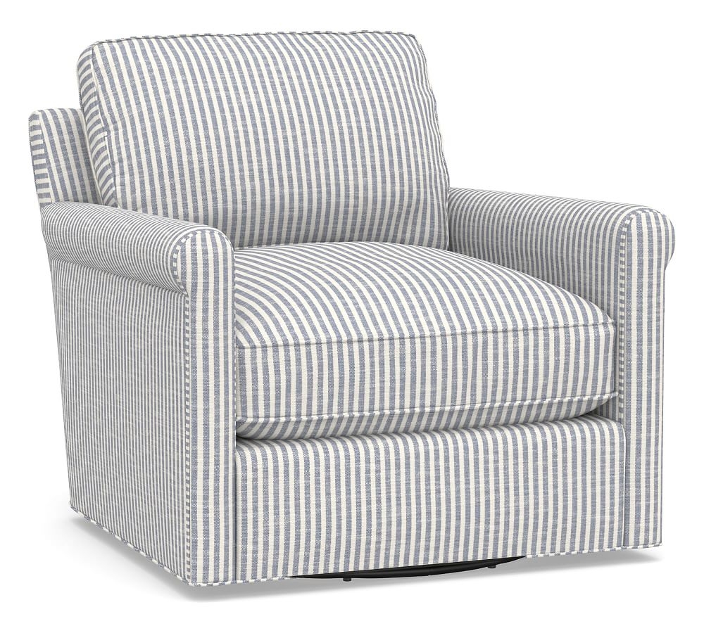 Tyler Roll Arm Upholstered Swivel Armchair, Down Blend Wrapped Cushions, Classic Stripe Blue - Image 0