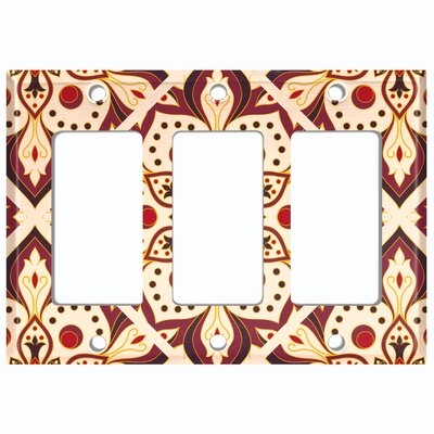 Metal Light Switch Plate Outlet Cover (Maroon Creme Elegant Mandala Flowers Tile   - Triple Rocker) - Image 0