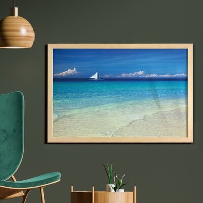 Ambesonne Nautical Wall Art With Frame, Exotic Tropic Beach In Philippines Island Horizon Summer Paradise Concept, Printed Fabric Poster For Bathroom Living Room Dorms, 35" X 23", Turquoise Cream - Image 0