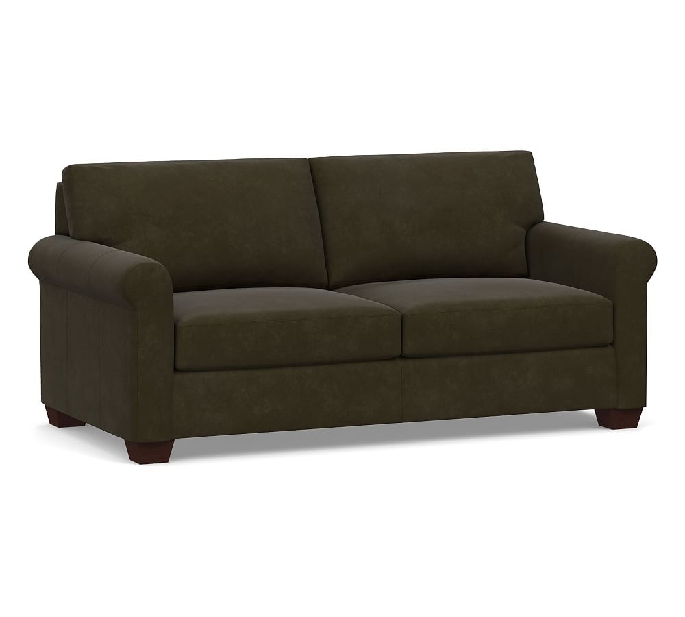 York Roll Arm Leather Loveseat 75", Polyester Wrapped Cushions, Aviator Blackwood - Image 0