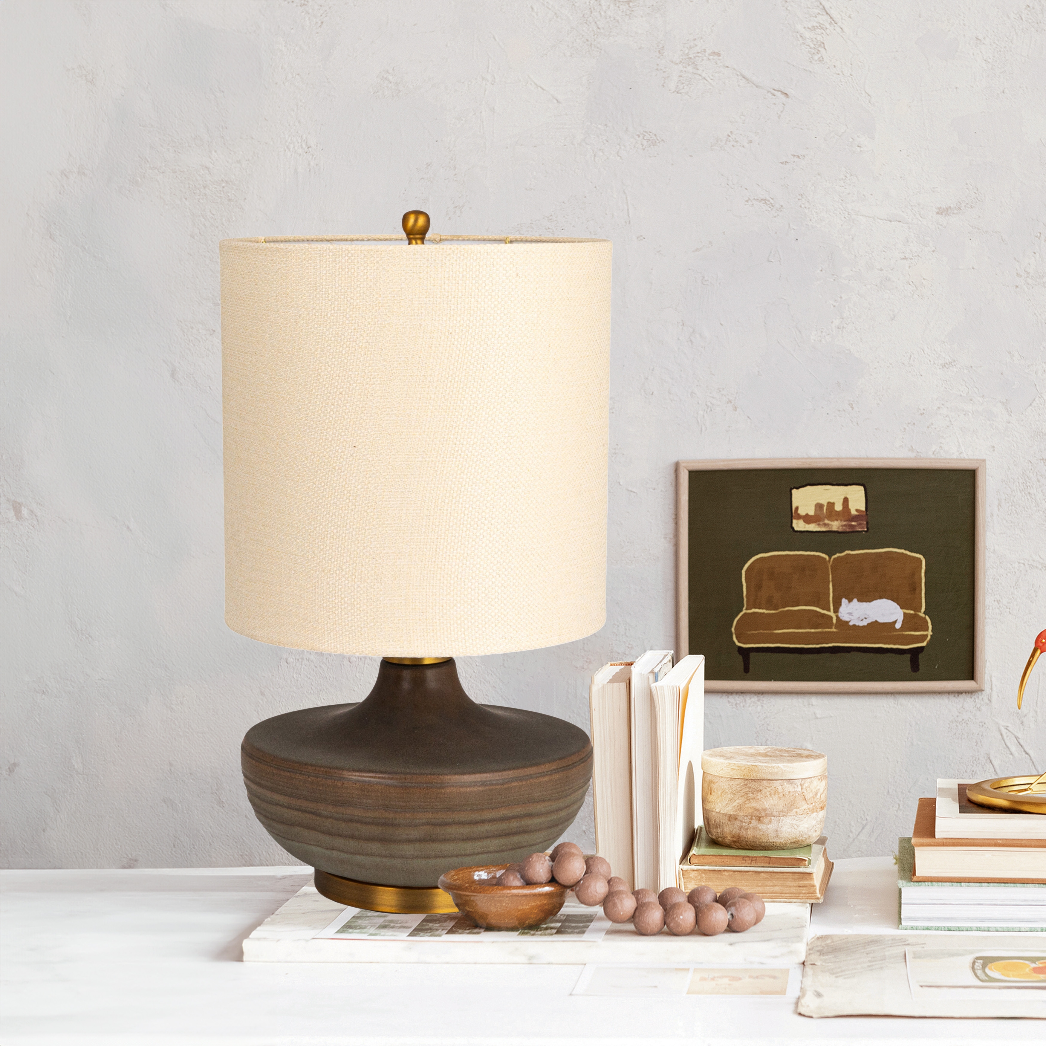 Stoneware Table Lamp with Elongated Drum Shade, Brown - Image 0