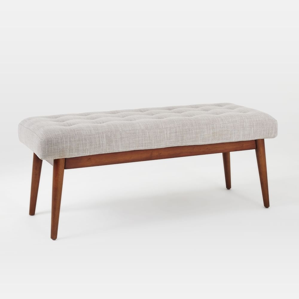 Midcentury Upholstered Bench, Poly, Yarn Dyed Linen Weave, Pearl Gray, Pecan - Image 0