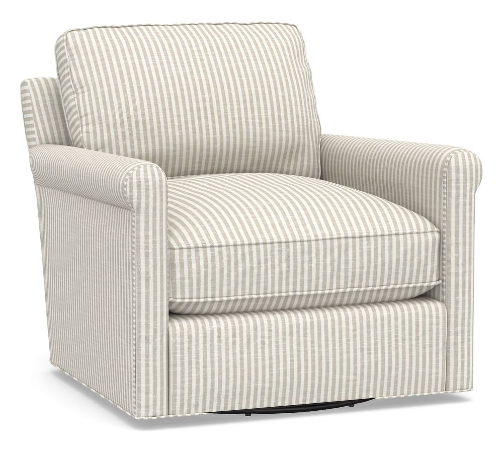 Tyler Roll Arm Upholstered Swivel Armchair, Down Blend Wrapped Cushions, Classic Stripe Oatmeal - Image 0