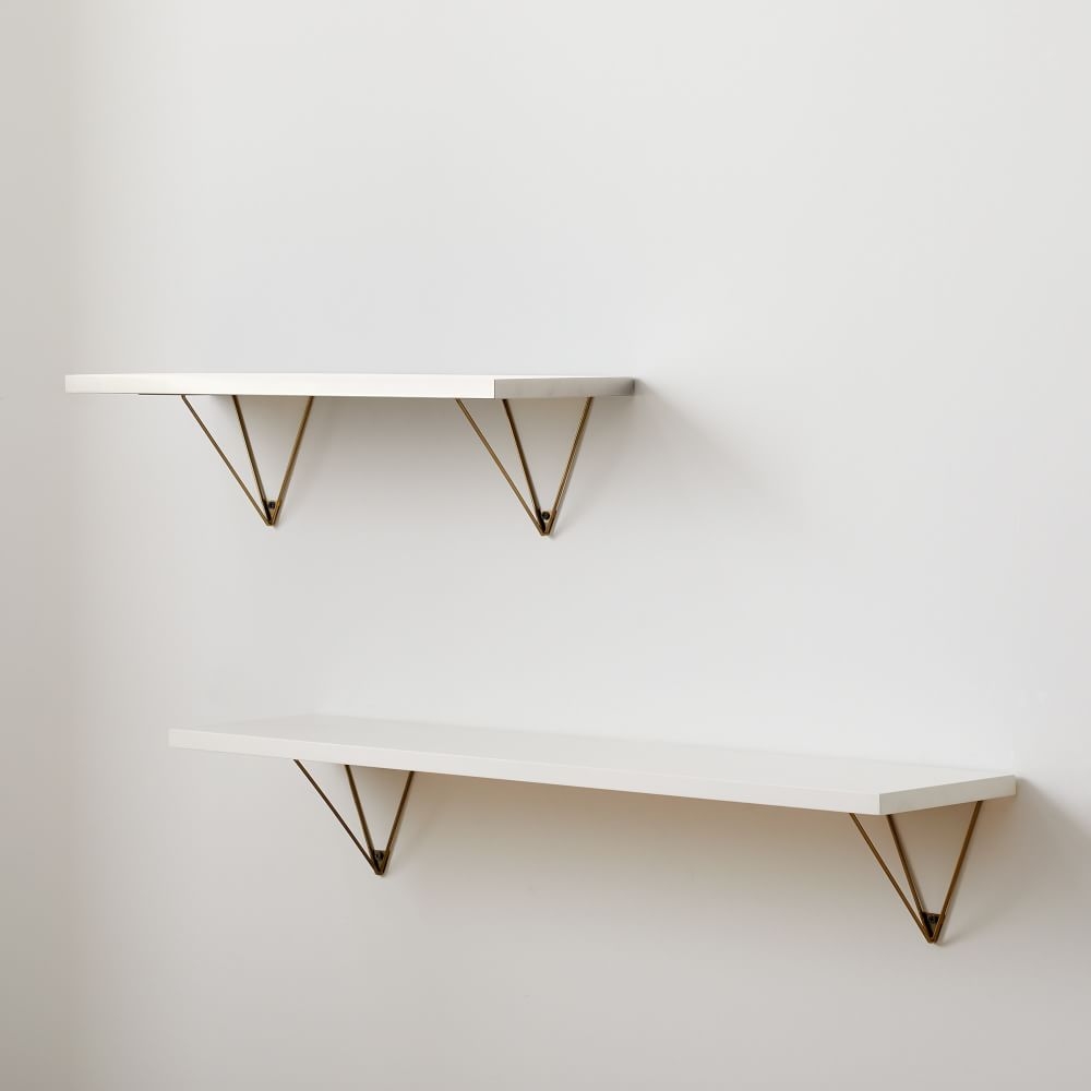 Linear White Lacquer Shelf 2FT, Prism Brackets in Antique Brass - Image 0